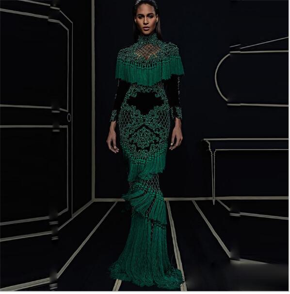 HIGH QUALITY Newest Fashion 2016 Runway Maxi Dress Women's Hollow Out Luxurious Handwork Beading Tassel Long Dress