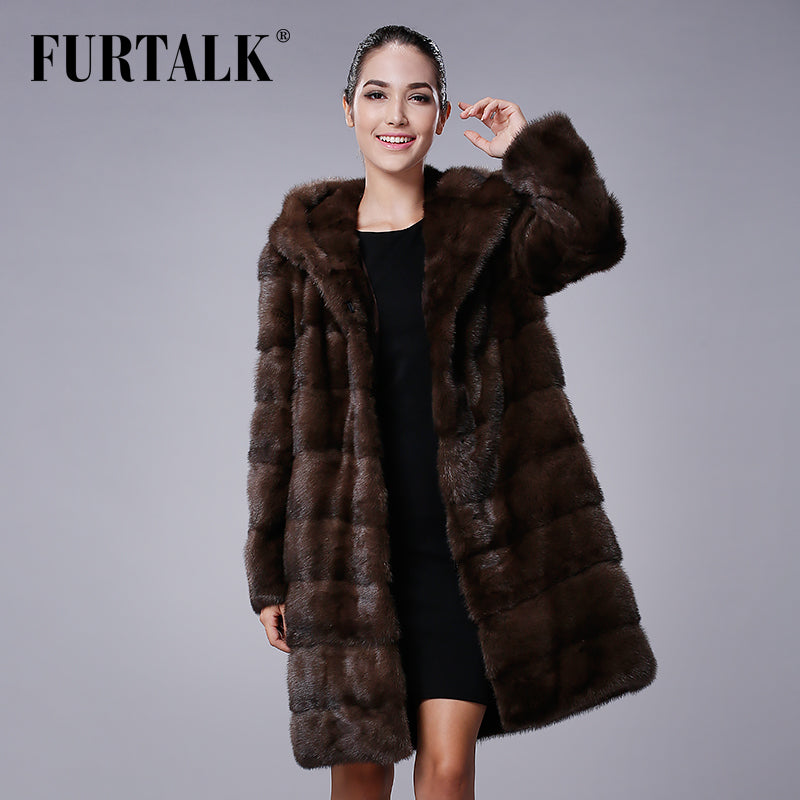 FURTALK New Fashion Long Hooded 100% Real Mink Fur Coat Women Winter Natural Mink Fur Jacket  Luxury Imported Mink Fur Design