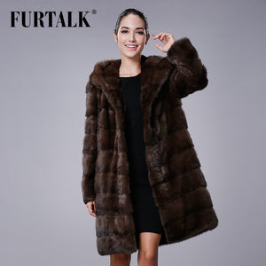 FURTALK New Fashion Long Hooded 100% Real Mink Fur Coat Women Winter Natural Mink Fur Jacket  Luxury Imported Mink Fur Design
