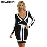 Black And White Deep V Neck Rayon Autumn Winter Long Sleeve Sexy Women Bandage Dresses New  2016 Fashion Bodycon  Bandage Dress