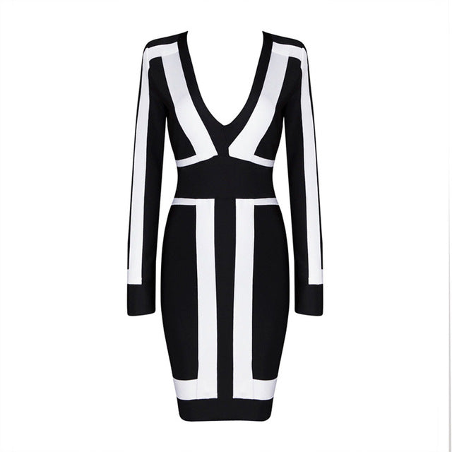Black And White Deep V Neck Rayon Autumn Winter Long Sleeve Sexy Women Bandage Dresses New  2016 Fashion Bodycon  Bandage Dress