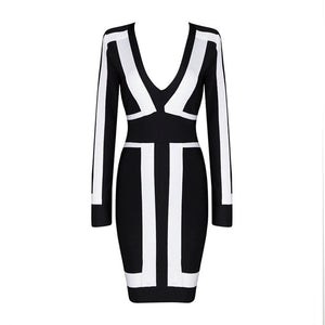 Black And White Deep V Neck Rayon Autumn Winter Long Sleeve Sexy Women Bandage Dresses New  2016 Fashion Bodycon  Bandage Dress