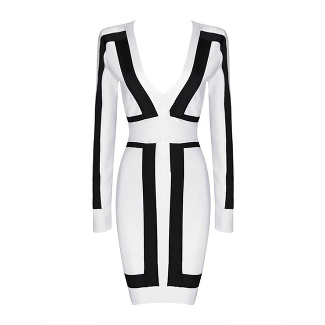Black And White Deep V Neck Rayon Autumn Winter Long Sleeve Sexy Women Bandage Dresses New  2016 Fashion Bodycon  Bandage Dress