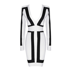 Black And White Deep V Neck Rayon Autumn Winter Long Sleeve Sexy Women Bandage Dresses New  2016 Fashion Bodycon  Bandage Dress