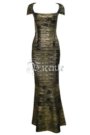 Free Shipping! Elegant Fashion Square Neck Oil Print Embellished Gown HL Celebrity Maxi Long Bandage Dress