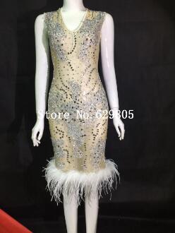 Sparkly Perspective Feather Dress Sexy Flashing Birthday Party One-piece Dress Costume Body Suits Celebrate Performance Wear