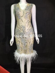 Sparkly Perspective Feather Dress Sexy Flashing Birthday Party One-piece Dress Costume Body Suits Celebrate Performance Wear