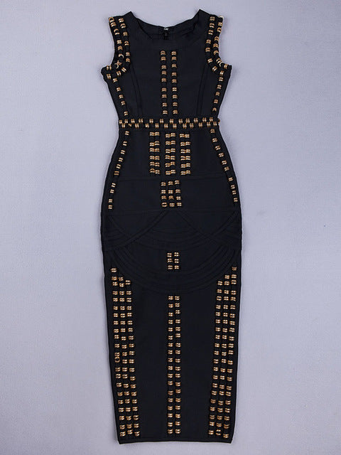 White Black Metal Ring Complex High Quality Kim Kardashian Madi Calf Long Bandage Dress