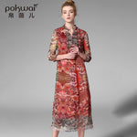 POKWAI Elegant Long Vintage Summer Silk Dress Women New Arrival High Quality Fashion Stand Collar Retro A-Line Dresses