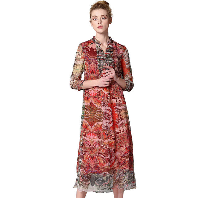 POKWAI Elegant Long Vintage Summer Silk Dress Women New Arrival High Quality Fashion Stand Collar Retro A-Line Dresses