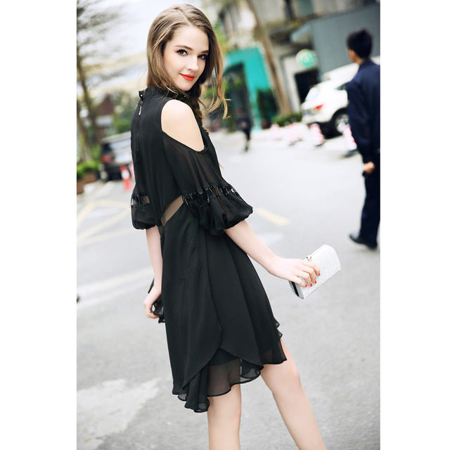 Summer Dress Women The European high-end fashion Hollow off the shoulder Chiffon Dress loose thin pink A-Line dress For Lady