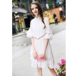 Summer Dress Women The European high-end fashion Hollow off the shoulder Chiffon Dress loose thin pink A-Line dress For Lady