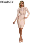 High Quality Nude Studded Long Sleeve Mesh Nail Beaded Celebrity Sexy Women Newest Sexy Bodycon  Bandage Dress