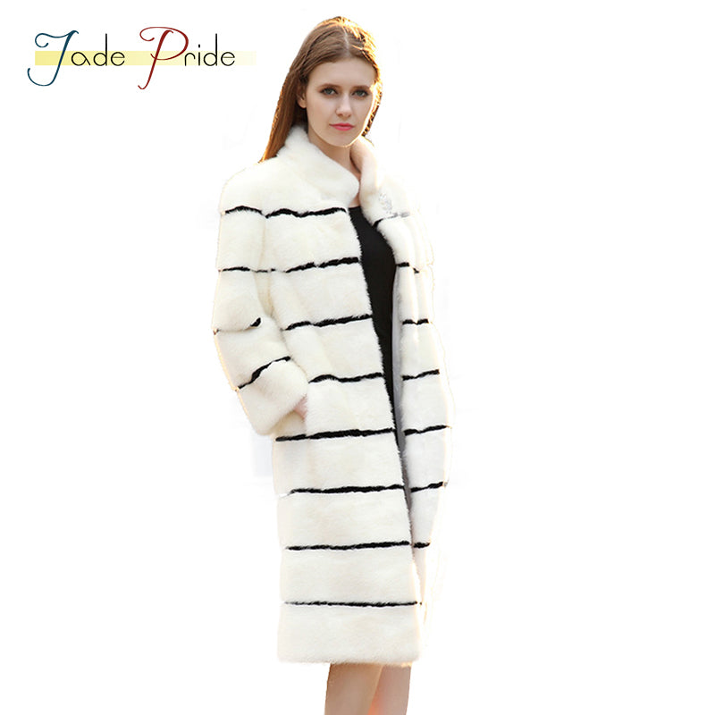 Jade Pride White Charming Noble Thick Warm Winter Mink Fur Coats Fashion Natural Real Mink Overcoat Women Striped Slim Fur Tunic