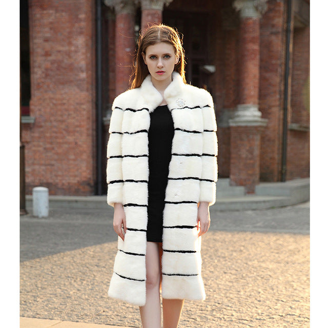 Jade Pride White Charming Noble Thick Warm Winter Mink Fur Coats Fashion Natural Real Mink Overcoat Women Striped Slim Fur Tunic