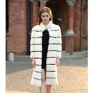 Jade Pride White Charming Noble Thick Warm Winter Mink Fur Coats Fashion Natural Real Mink Overcoat Women Striped Slim Fur Tunic