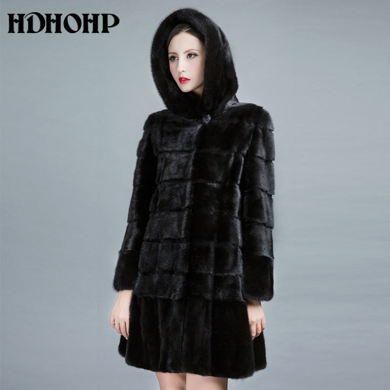 HDHOHP 2017 New Natural Mink Fur Coats Women Winter Warm With Big Hood Good Quality Long Mink Jackets Female Black Fur Parkas