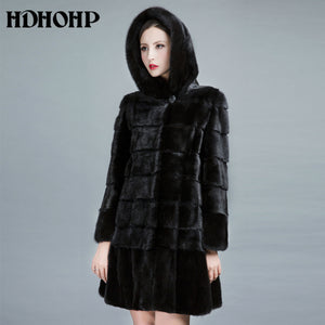 HDHOHP 2017 New Natural Mink Fur Coats Women Winter Warm With Big Hood Good Quality Long Mink Jackets Female Black Fur Parkas
