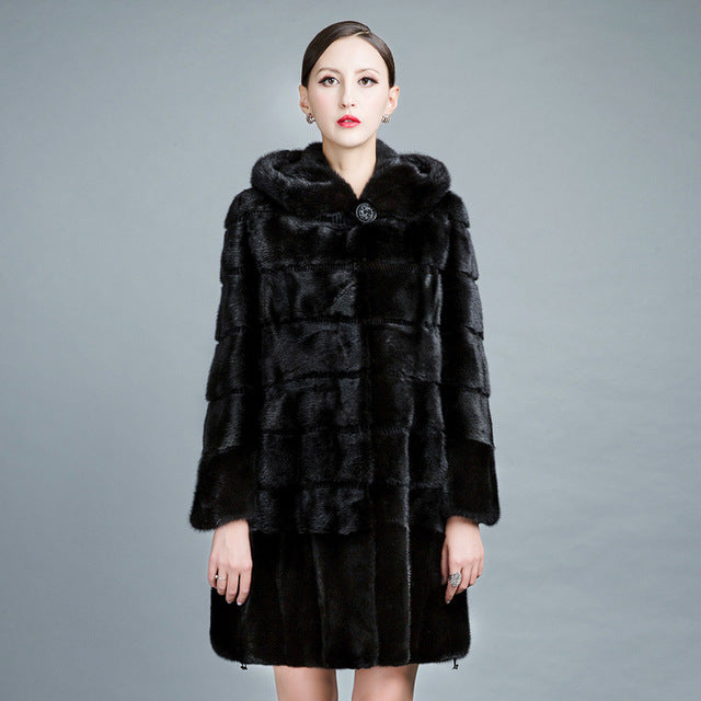 HDHOHP 2017 New Natural Mink Fur Coats Women Winter Warm With Big Hood Good Quality Long Mink Jackets Female Black Fur Parkas