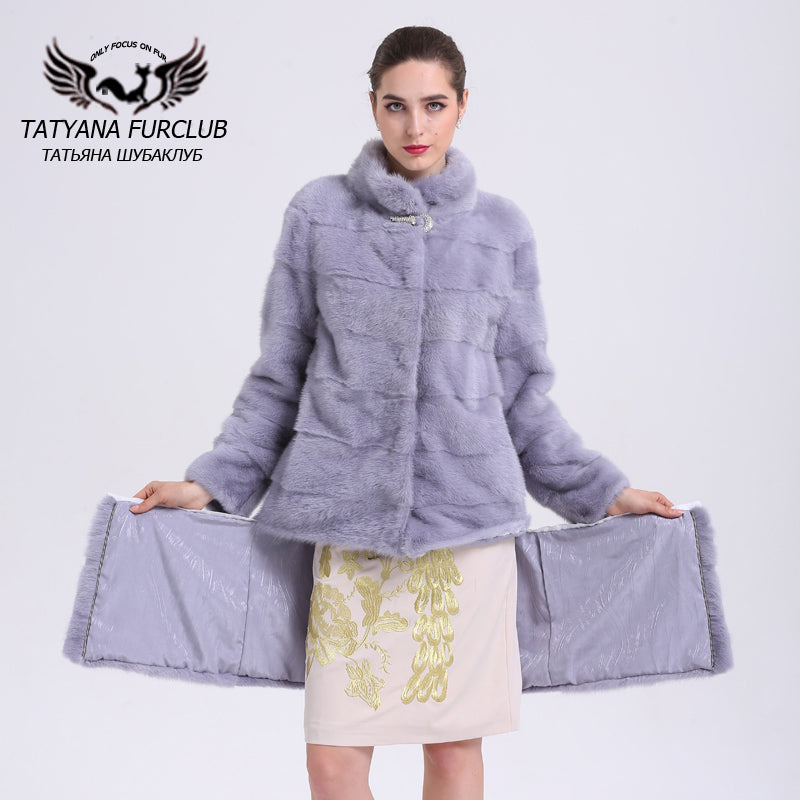 New Luxury Women Whole Skin Real Mink Fur Coat Lady Winter Mink Fur Long Jacket Overcoats Stand Collar 100% Real Mink Fur Coat