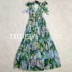 SVORYXIU Runway Designer Summer Maxi Dress Women's Sexy V-Neck Tiered Ruffles Green Flower Printed High End Long Dress