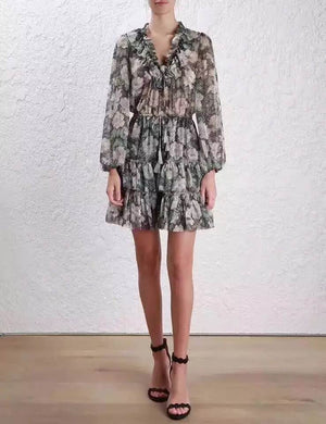 Women Bowerbird Floral Frill Dress Long Sleeve Ruffles Polka Dot Pattern V-neck Silk Blend Floral Print Mini Dress