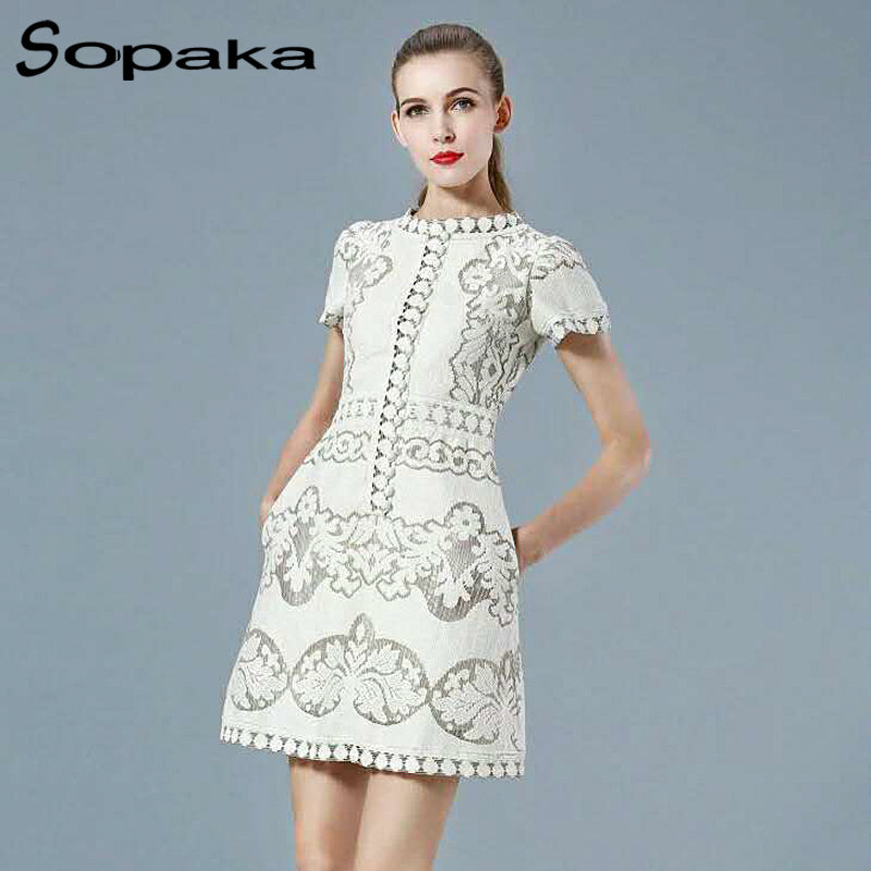 Brand SOPAKA High Quality Original Designer Short Sleeve White Fashion Summer Midi Women Dress