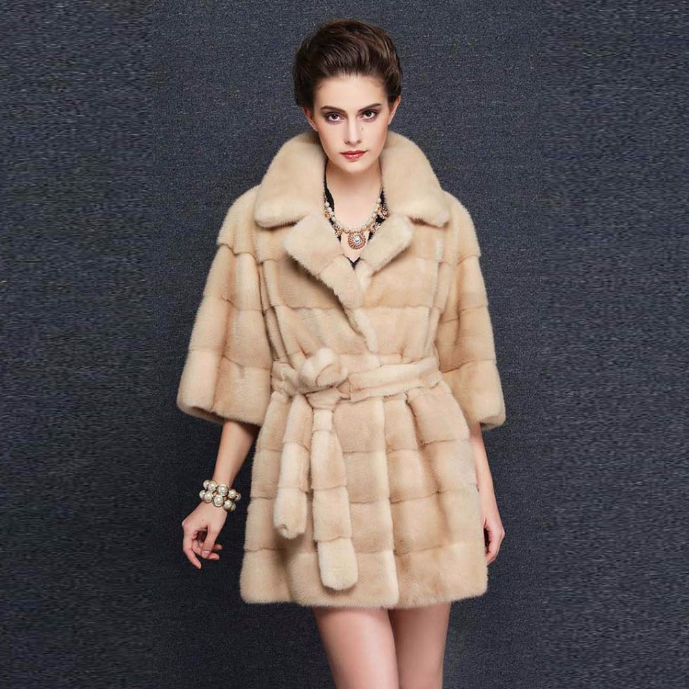 CY 47160 Luxury Women's Long Full Pelt Real Mink Fur Coat with Long Fur Belt Female's Plus Size Warm Long Overcoat