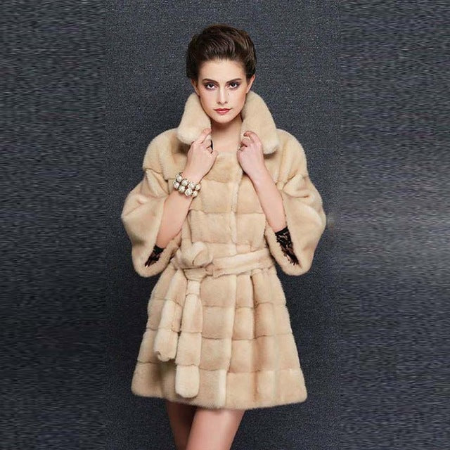 CY 47160 Luxury Women's Long Full Pelt Real Mink Fur Coat with Long Fur Belt Female's Plus Size Warm Long Overcoat
