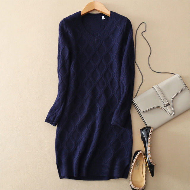 Women's Mini Dress 100% Cashmere Knitted Above Knee Dresses With V Neck Solid Color Plaid Weaving Warm Knitted Dresses