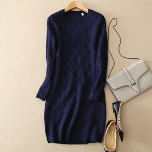 Women's Mini Dress 100% Cashmere Knitted Above Knee Dresses With V Neck Solid Color Plaid Weaving Warm Knitted Dresses