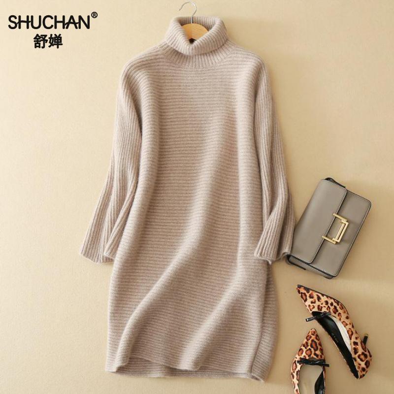 SHUCHAN Winter Cashmere Dress Woman New Arrival Cashmere Knitted Dresses Autumn And Winter Fashion Elegant Basic B351