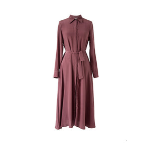 Women Silk long dress 100% Natural silk Chiffon Belt Dress Solid Long sleeve dresses 2017 Fall Winter Brown