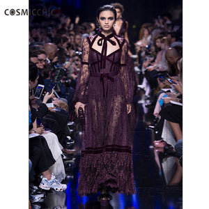 Luxury Lace With Sleeves Maxi Party Mesh Slim Women Vintage Long Bodycon Sexy Dress Runway Dresses LY254