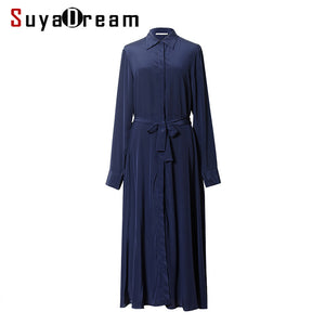 Women Silk long dress 23mm 100% Natural silk Chiffon Belt Dress Solid Long sleeve dresses Fall Winter Navy