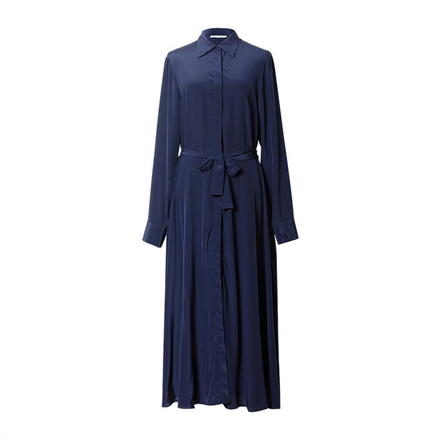 Women Silk long dress 23mm 100% Natural silk Chiffon Belt Dress Solid Long sleeve dresses Fall Winter Navy