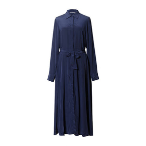 Women Silk long dress 23mm 100% Natural silk Chiffon Belt Dress Solid Long sleeve dresses Fall Winter Navy