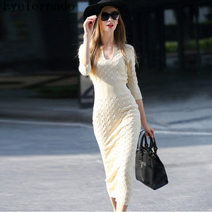 Designer women spring autumn fashion high end sexy V-neck slim long bodycon knitted bandage casual work dress 8607
