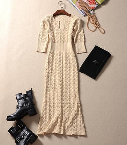 Designer women spring autumn fashion high end sexy V-neck slim long bodycon knitted bandage casual work dress 8607