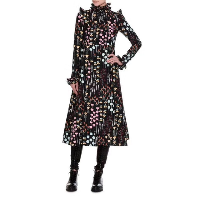 woman ladies ruffled collkar flora printed 100% silk dress