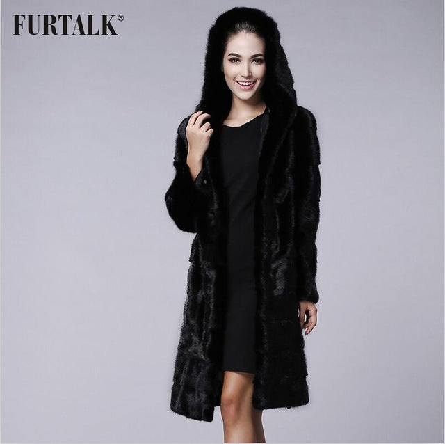 FURTALK New Fashion Long Hooded 100% Real Mink Fur Coat Women Winter Natural Mink Fur Jacket  Luxury Imported Mink Fur Design