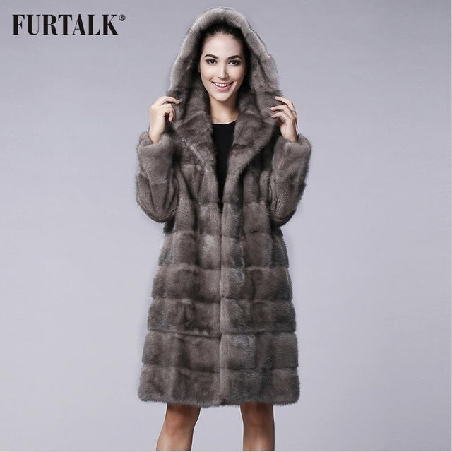 FURTALK New Fashion Long Hooded 100% Real Mink Fur Coat Women Winter Natural Mink Fur Jacket  Luxury Imported Mink Fur Design