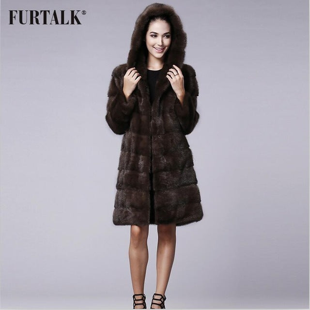 FURTALK New Fashion Long Hooded 100% Real Mink Fur Coat Women Winter Natural Mink Fur Jacket  Luxury Imported Mink Fur Design