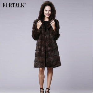 FURTALK New Fashion Long Hooded 100% Real Mink Fur Coat Women Winter Natural Mink Fur Jacket  Luxury Imported Mink Fur Design