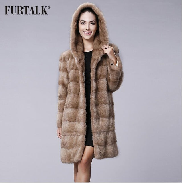 FURTALK New Fashion Long Hooded 100% Real Mink Fur Coat Women Winter Natural Mink Fur Jacket  Luxury Imported Mink Fur Design