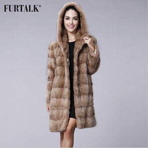 FURTALK New Fashion Long Hooded 100% Real Mink Fur Coat Women Winter Natural Mink Fur Jacket  Luxury Imported Mink Fur Design