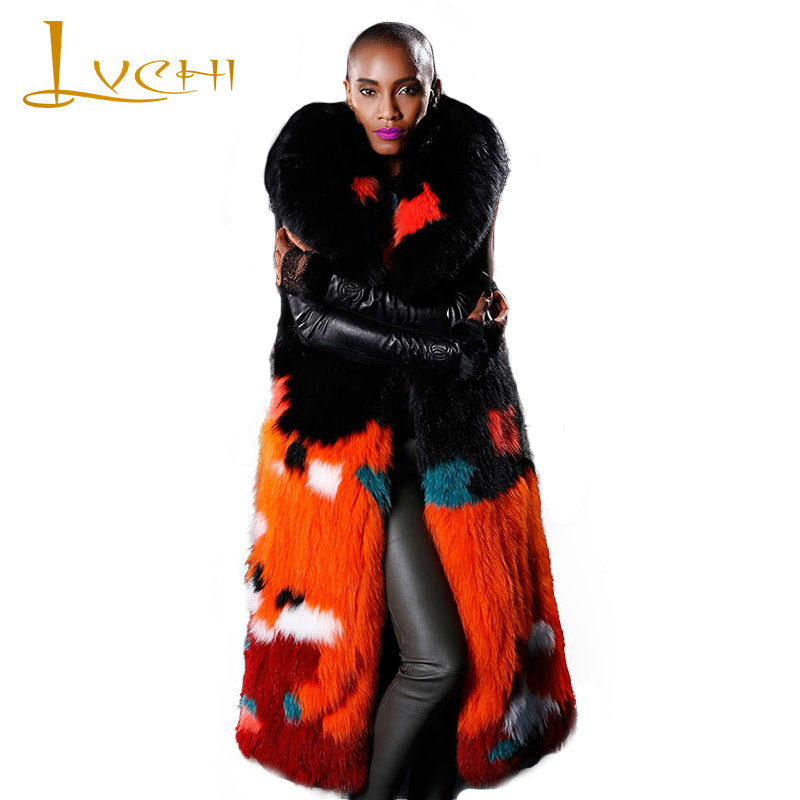 LVCHI Genuine Leather Winter Warm Natural Fox Fur Jacket O Neck Colorful Striped Fur Coat Women's Print Medium Fox Vest Coats