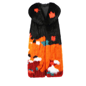 LVCHI Genuine Leather Winter Warm Natural Fox Fur Jacket O Neck Colorful Striped Fur Coat Women's Print Medium Fox Vest Coats