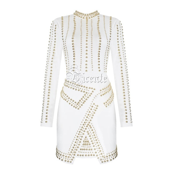 2018 New Free Shipping! Fashion Elegant Rivet Embellished Long Sleeves Mini Wholesale Women Celebrity Evening Party Suede Dress