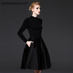 new autumn women dress elegant a line side pockets chic style black one piece dresses 16189